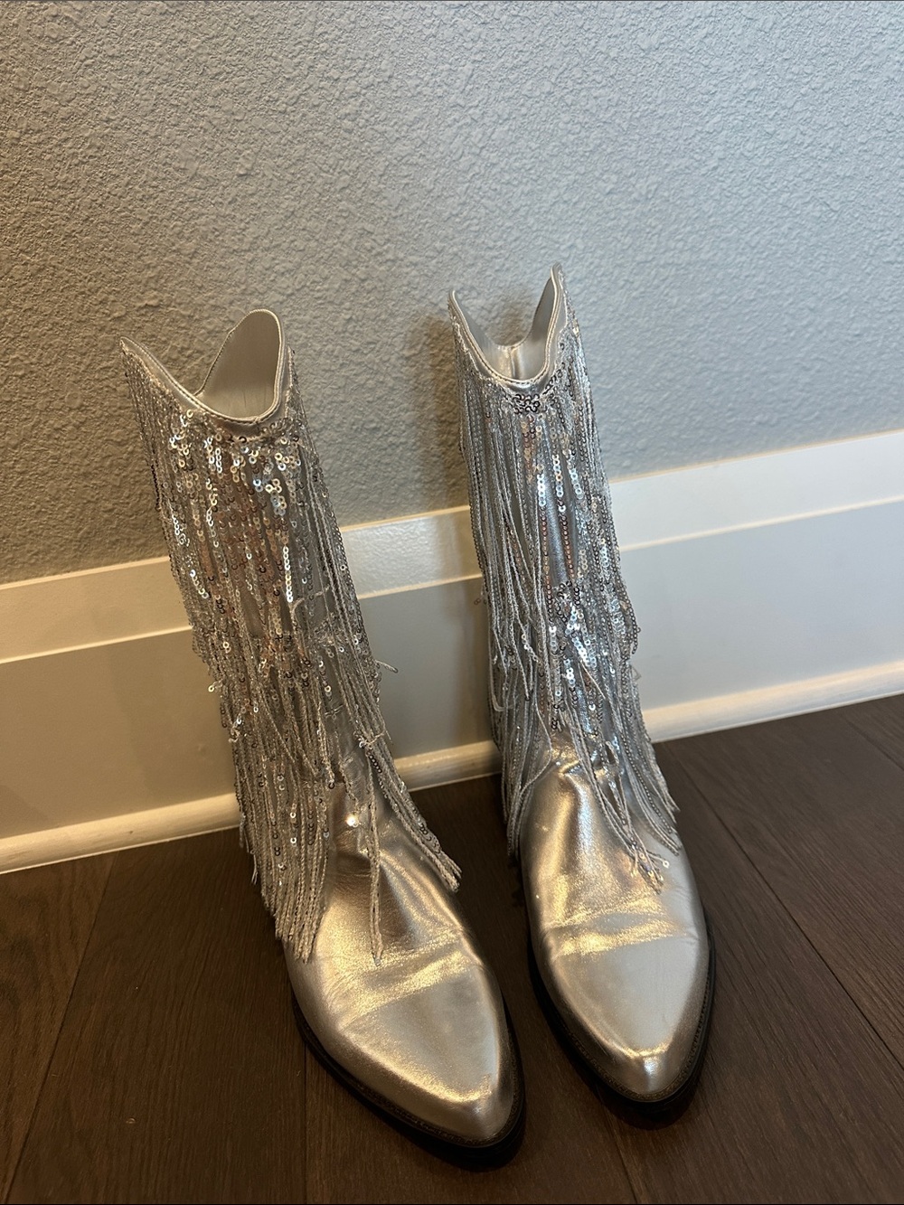 Silver Fringe Sequin Ankle Boots - Women's Metallic Booties - Picture 4 of 12